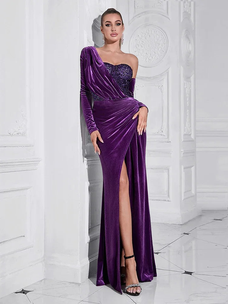 Asymmetrical Sequins Velvet Maxi Dress with Split VestiVogue