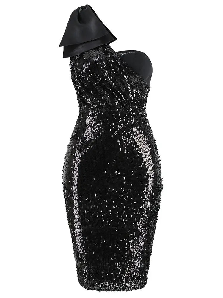 One Shoulder Black Glitter Satin Dress VestiVogue  