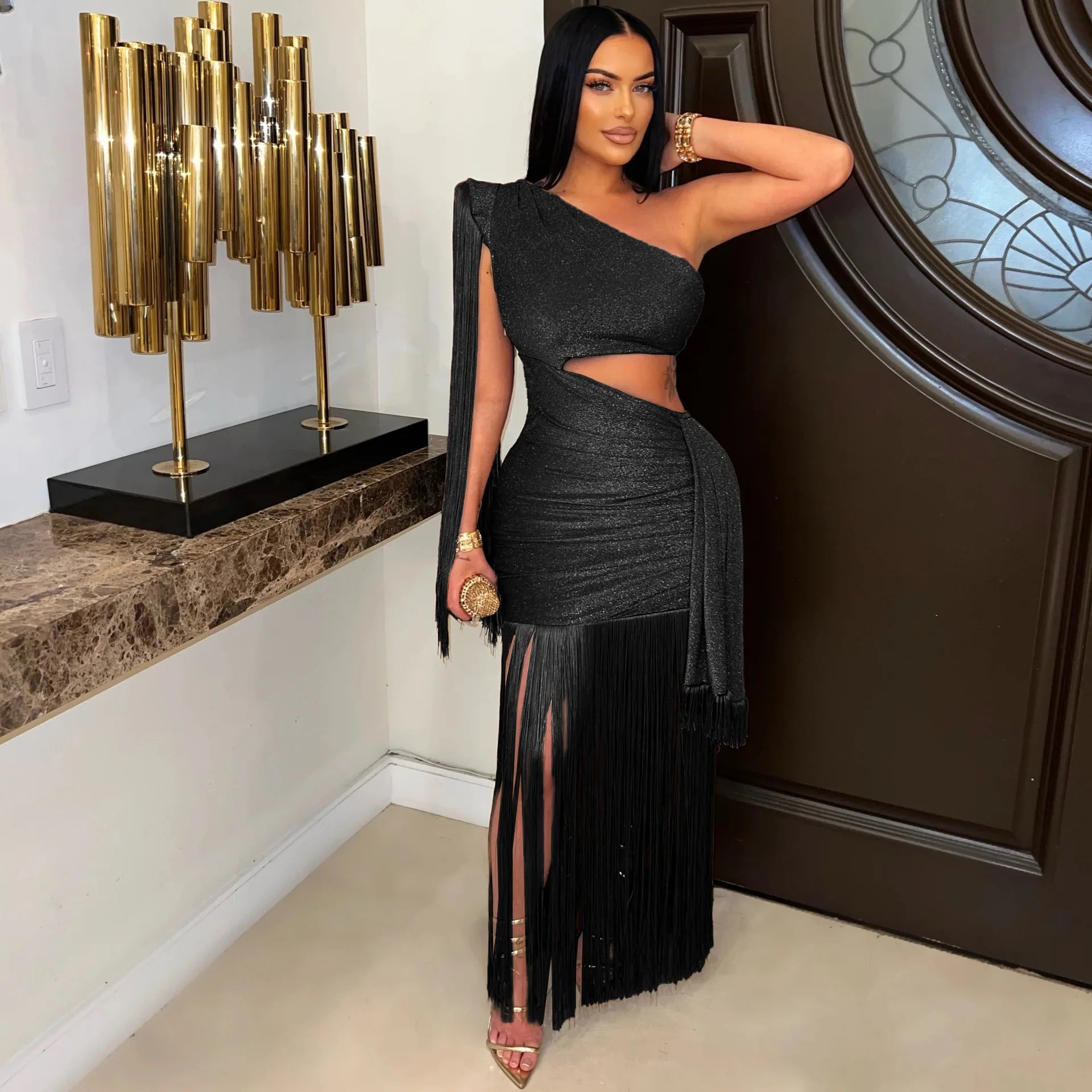 One Shoulder Fringe Maxi Dress with Hollow-Out and Tassels VestiVogue black XL