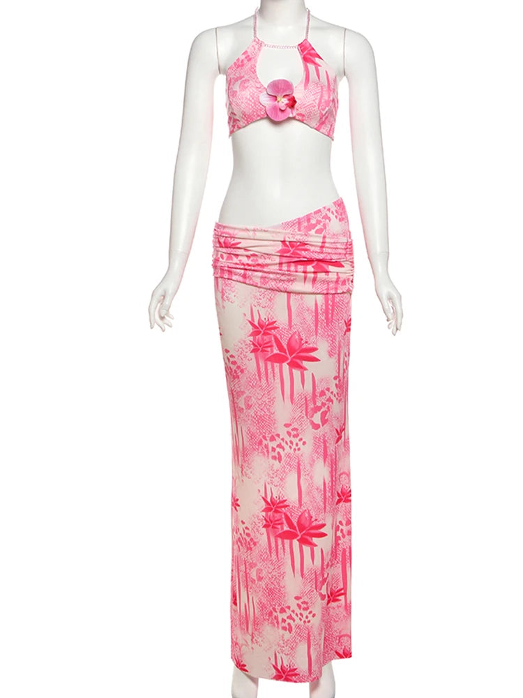 Halter Applique Crop Top & High-Waisted Skirt Set VestiVogue