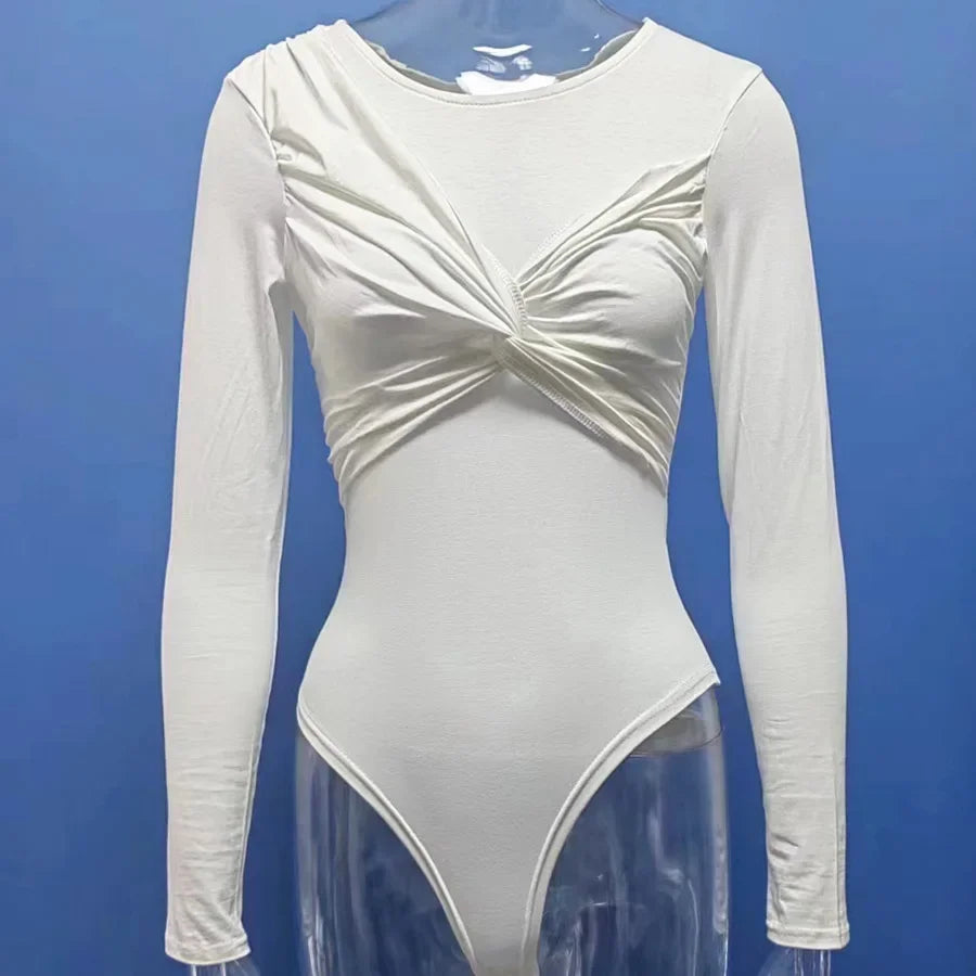 Timeless Long Sleeve Knot Bodysuit Jumpsuit in Solid Colour VestiVogue