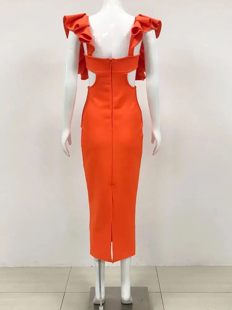 Orange Cut Out Midi Bandage Bodycon Dress VestiVogue  