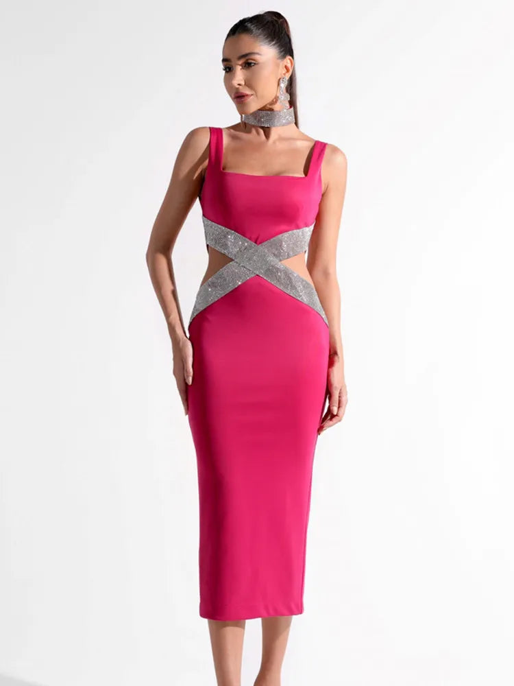 Sexy Backless V Neck Diamante Bandage Midi Dress VestiVogue Rose Red XS