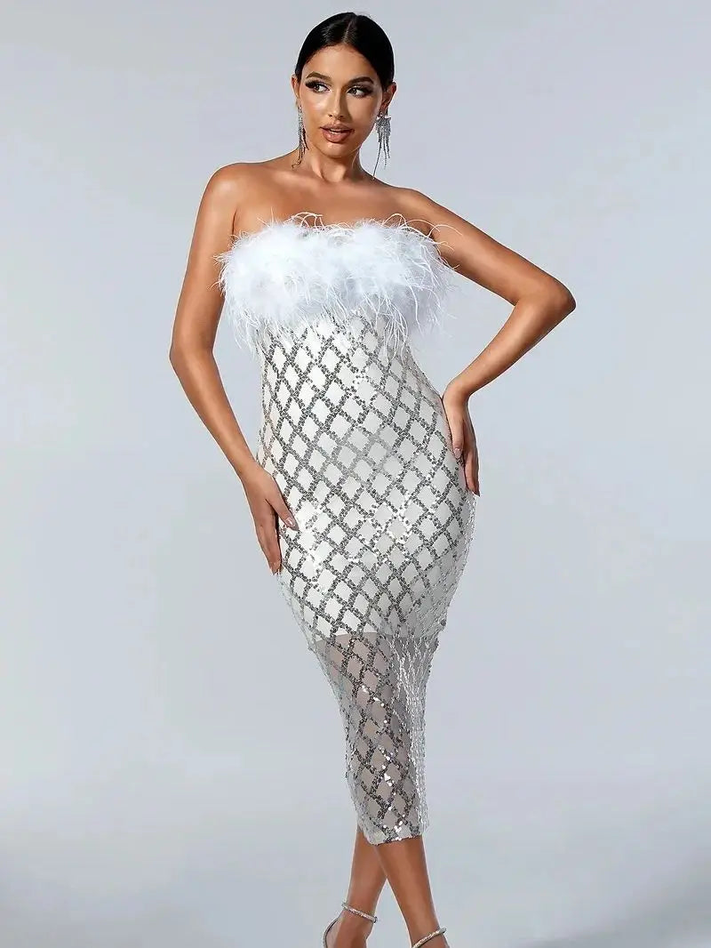 Luxury Feathers & Sequins Strapless Midi Dress VestiVogue White XL