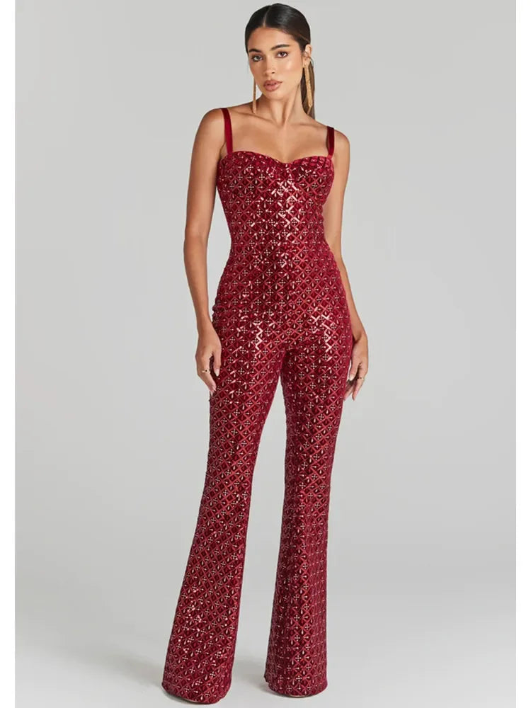 Burgundy Black Backless Mesh Sequin Bodycon Jumpsuit VestiVogue  