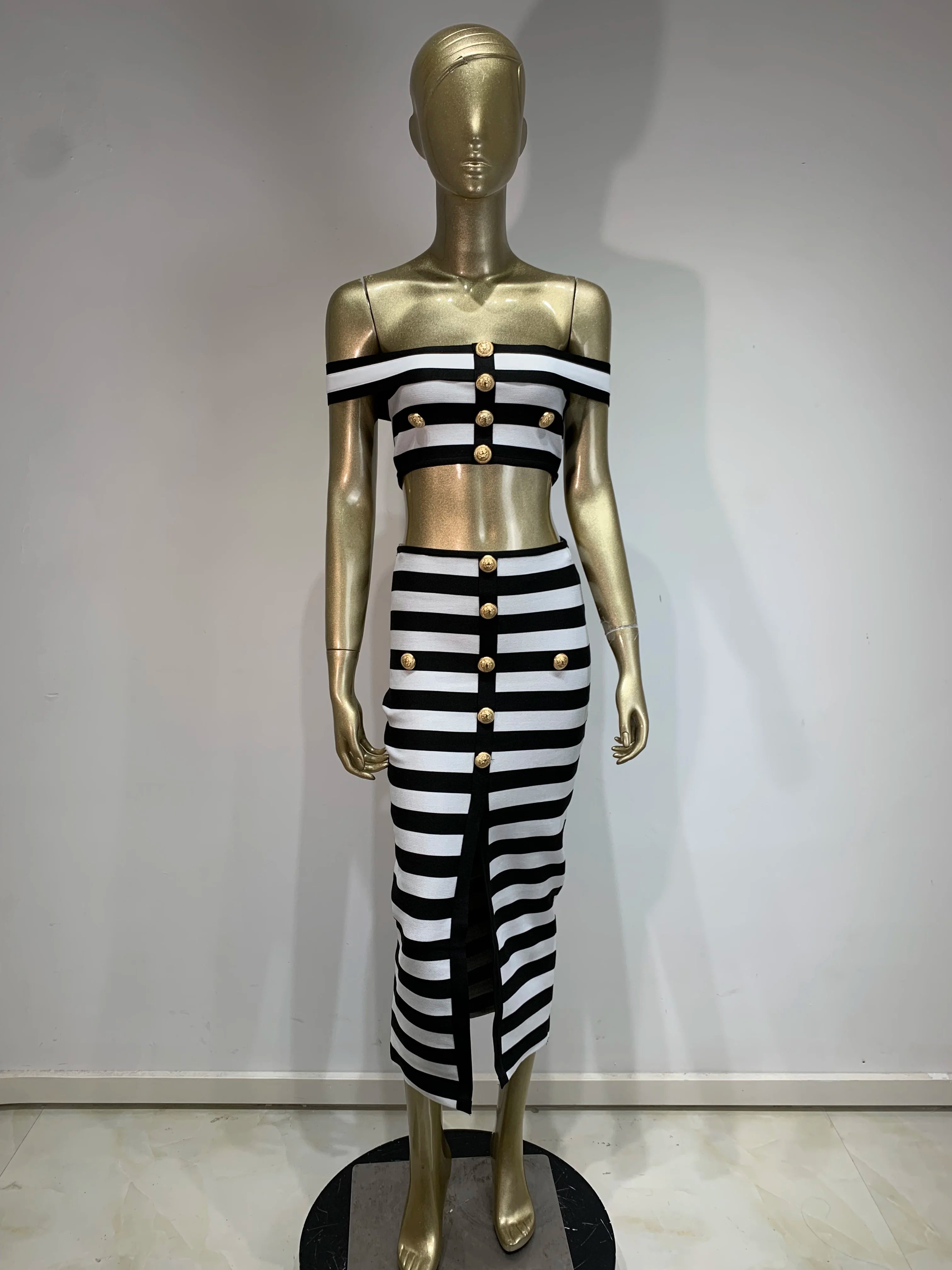 Sexy Striped Jacquard Bandage Skirt Suit VestiVogue  