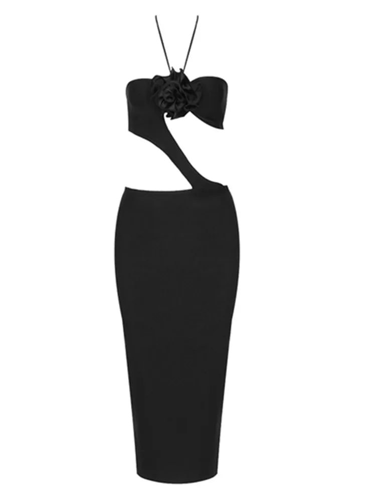 Sultry Black Halter Bodycon Midi Dress VestiVogue  