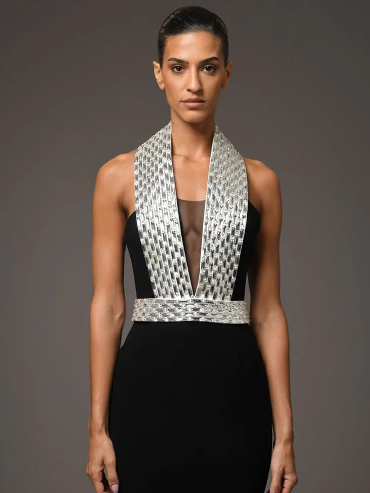 Black Backless Beaded Maxi Bodycon Dress VestiVogue