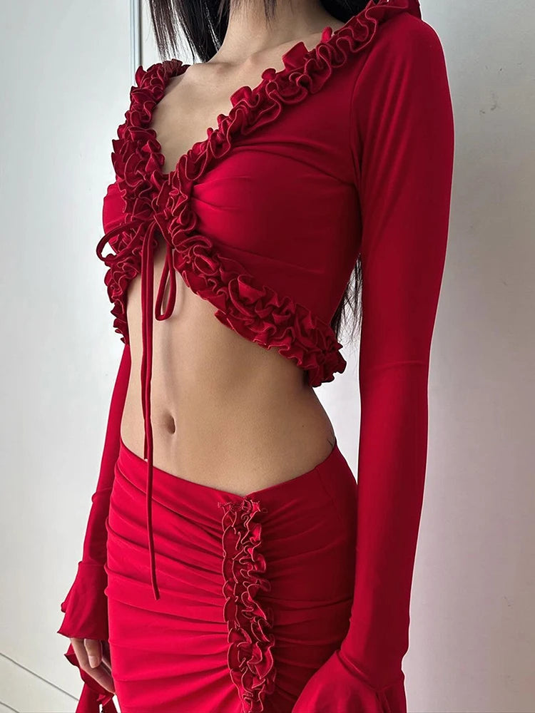 Ruched Lace Crop Top & Side Split Skirt Set VestiVogue