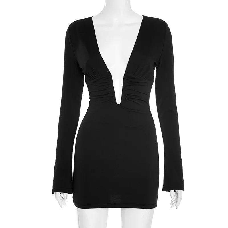 Elegant Deep V Neck Ruched Long Sleeve Mini Dress VestiVogue Black 1973 L