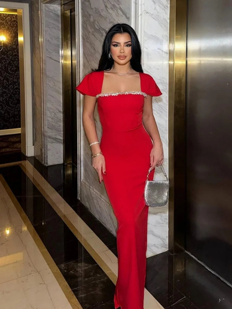 Crystal Long Bandage Bodycon Dress VestiVogue Red XS