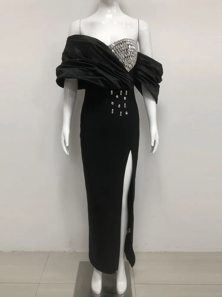 Off-Shoulder Beaded Split Bodycon Dress in Blue and Black VestiVogue