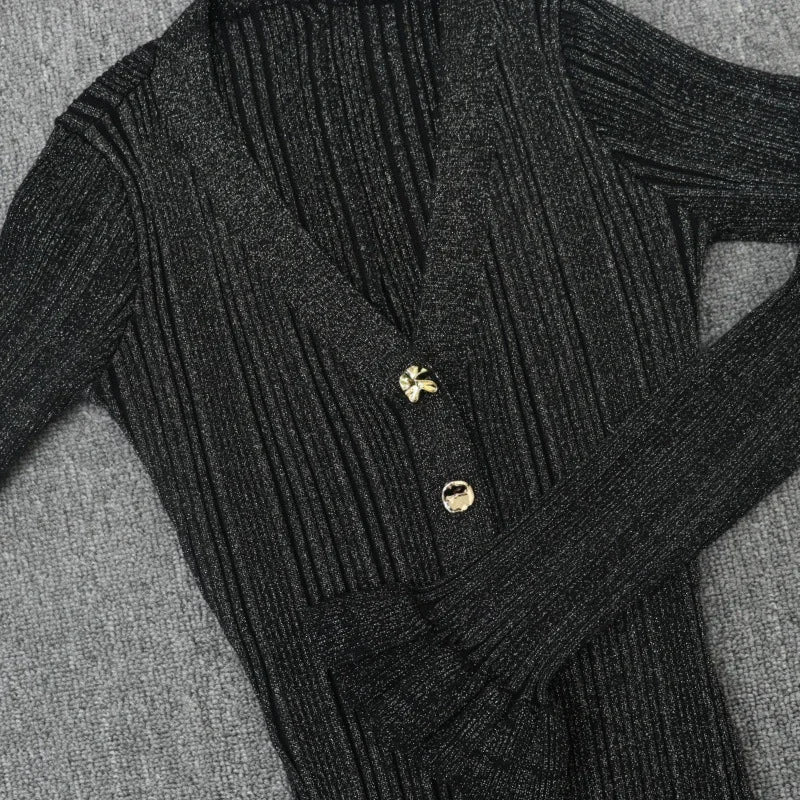 Elegant V-Neck Flare Sleeve Knitted Dress VestiVogue