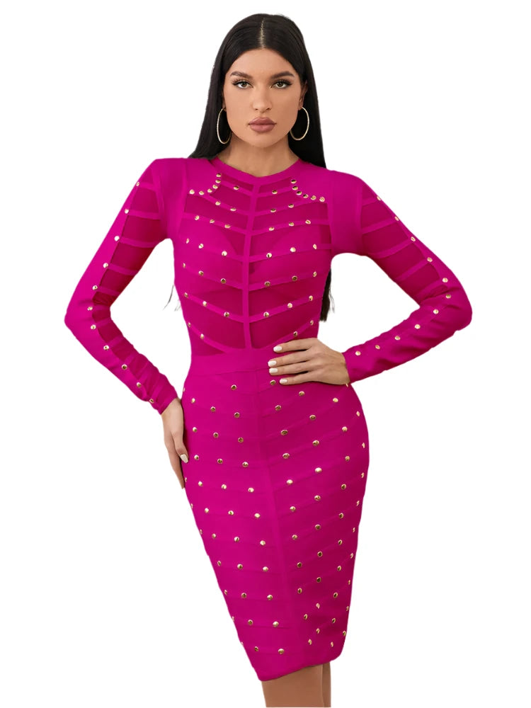 Rivet Mesh Bodycon Dress VestiVogue Fuchsia XL