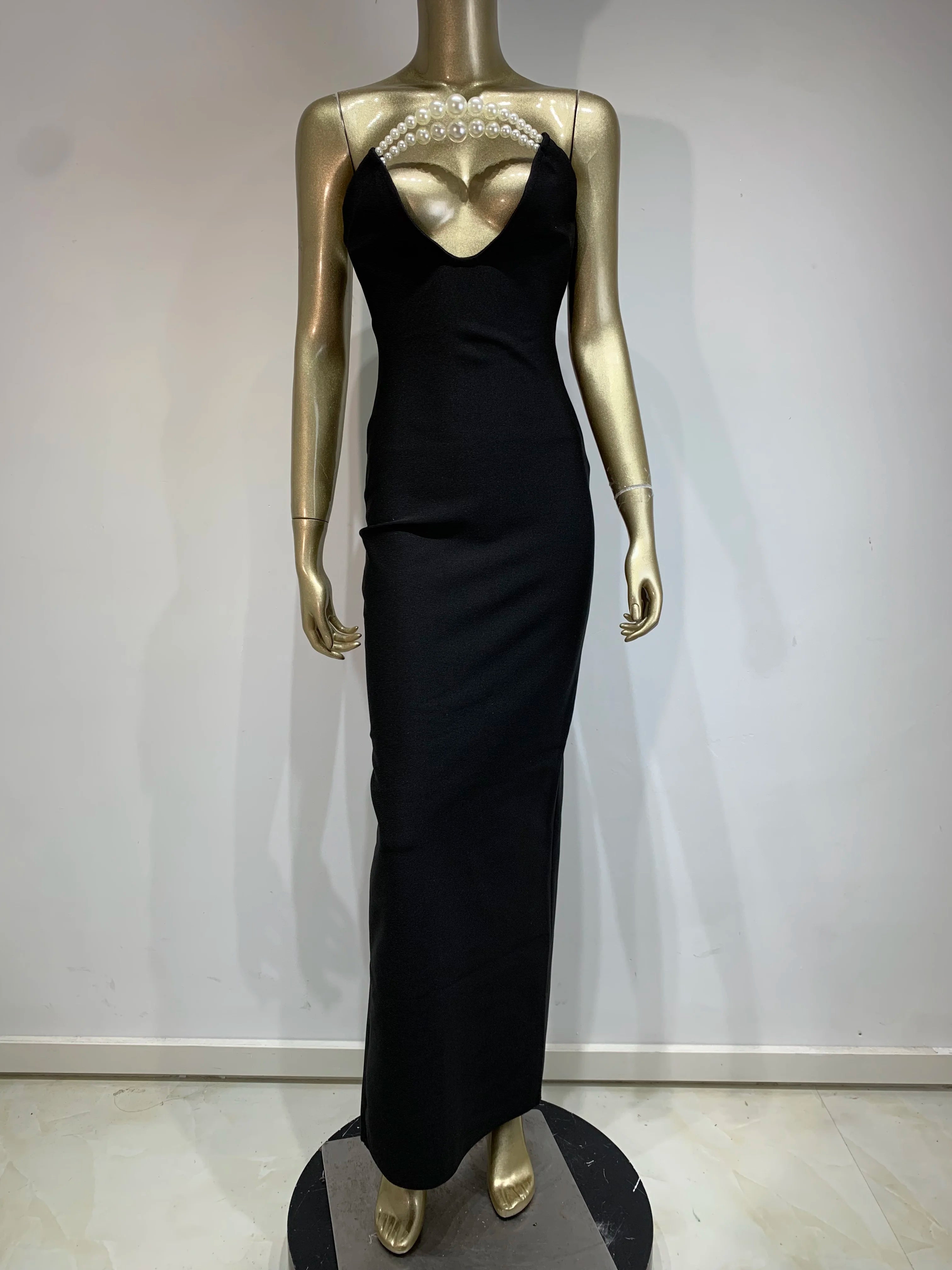 Strapless Backless Pearl Black Maxi Bodycon Dress VestiVogue