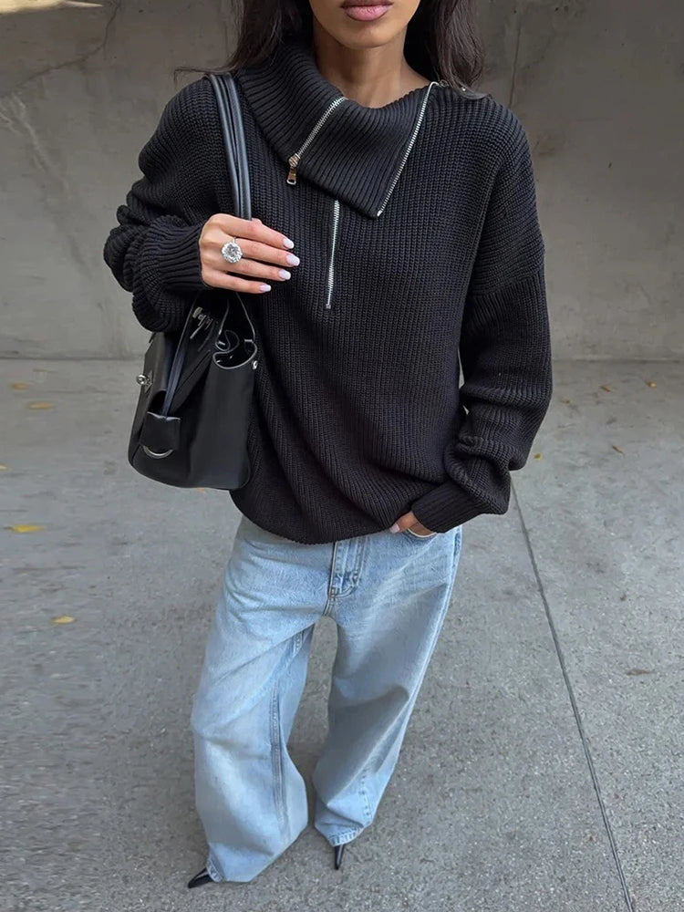 Chic Irregular Zip Knit Sweater with Turn-Down Collar VestiVogue black L