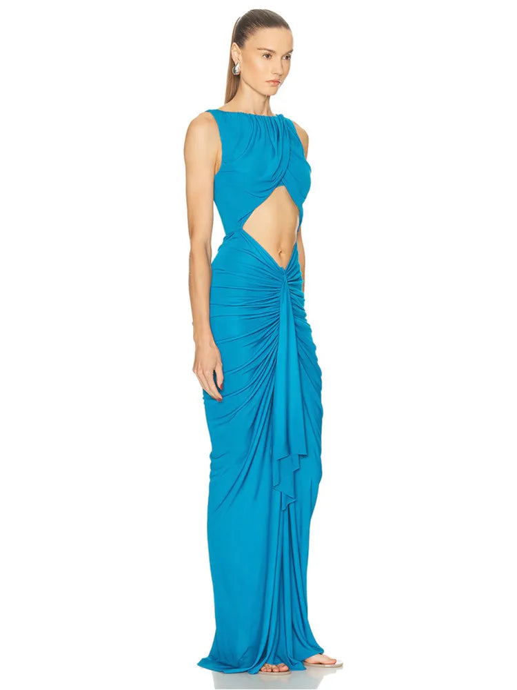 Lake Blue Ruched O-Neck Maxi Gown VestiVogue