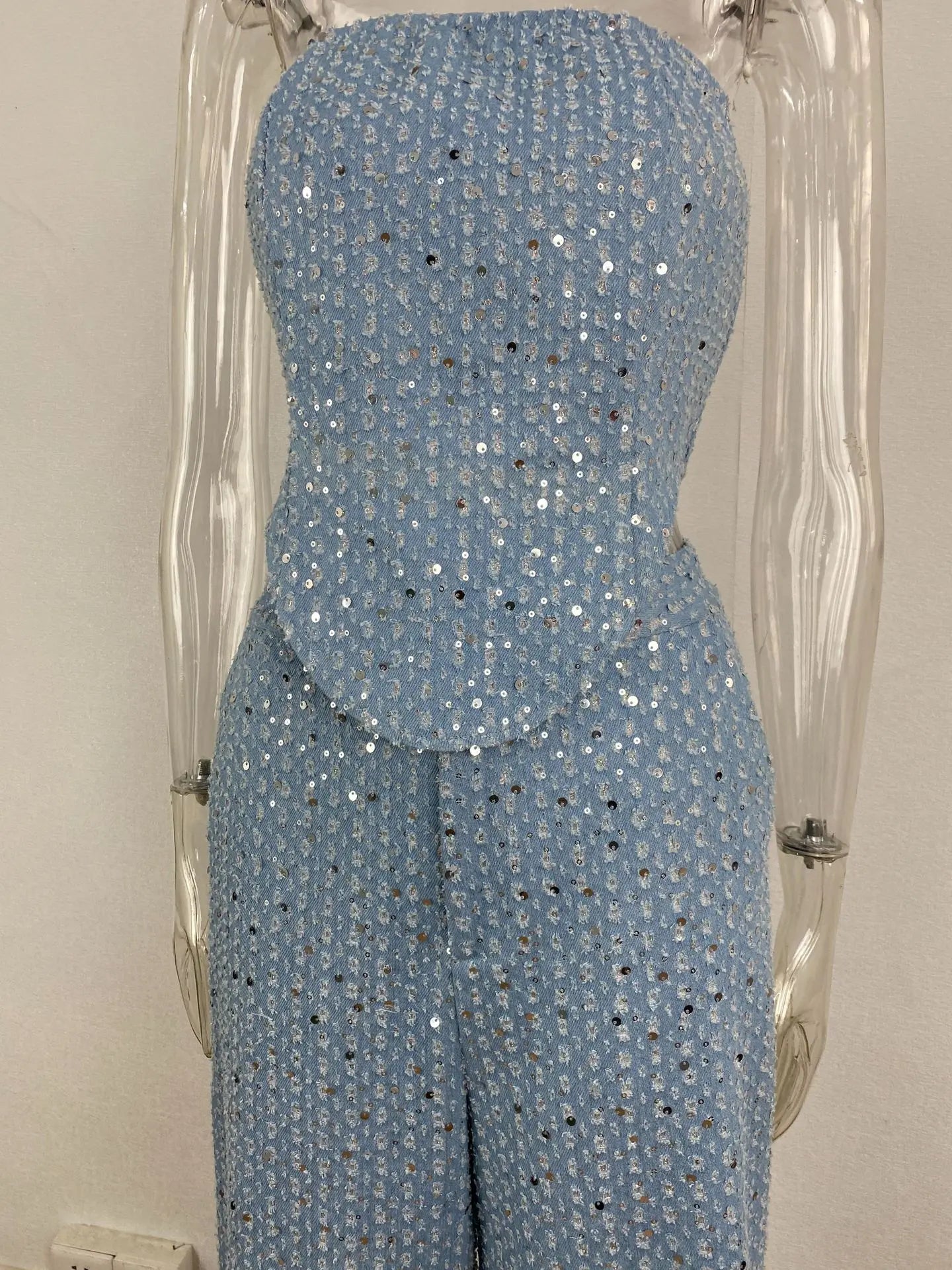 Sequinned Denim Strapless Crop Top & Wide Leg Pants Set VestiVogue