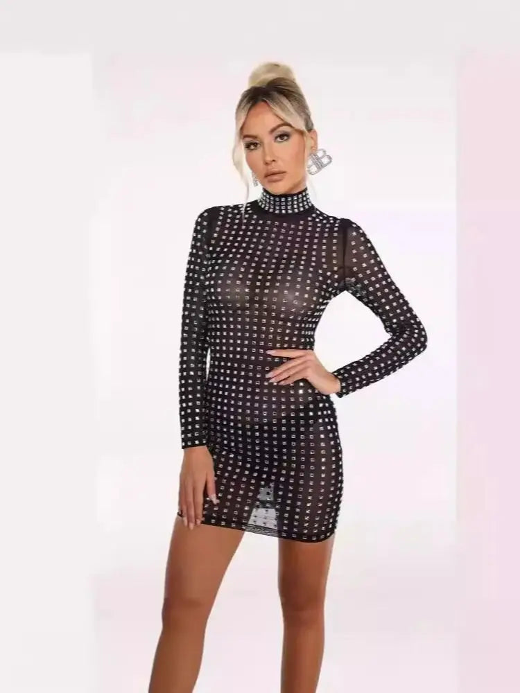 Rhinestone Crystal Mini Black Bodycon Dress VestiVogue  