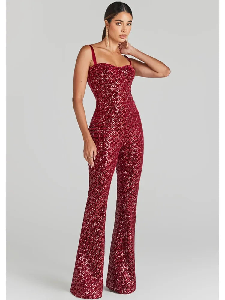 Burgundy Black Backless Mesh Sequin Bodycon Jumpsuit VestiVogue  