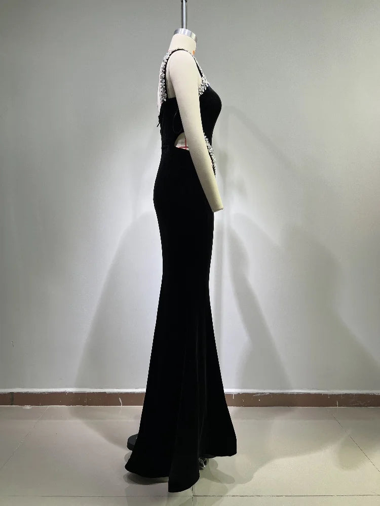 One Shoulder Black Velvet Maxi Dress VestiVogue