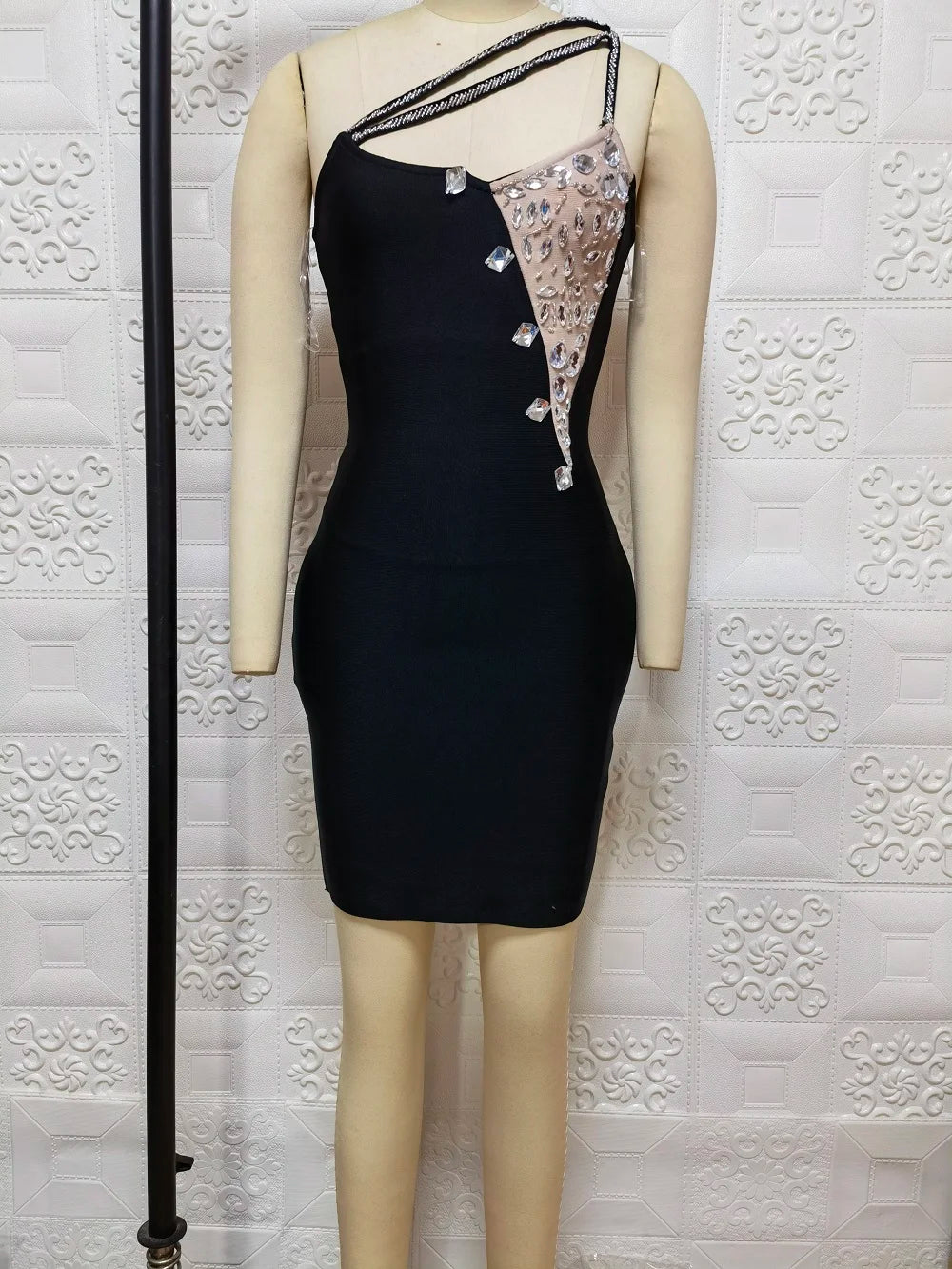 Elegant One-Shoulder Beaded Mini Dress VestiVogue