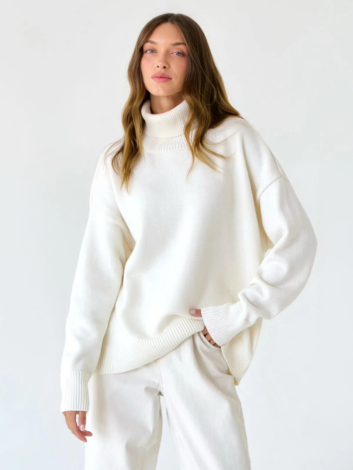 Oversized Women's White Turtleneck Knit Pullover Sweater VestiVogue