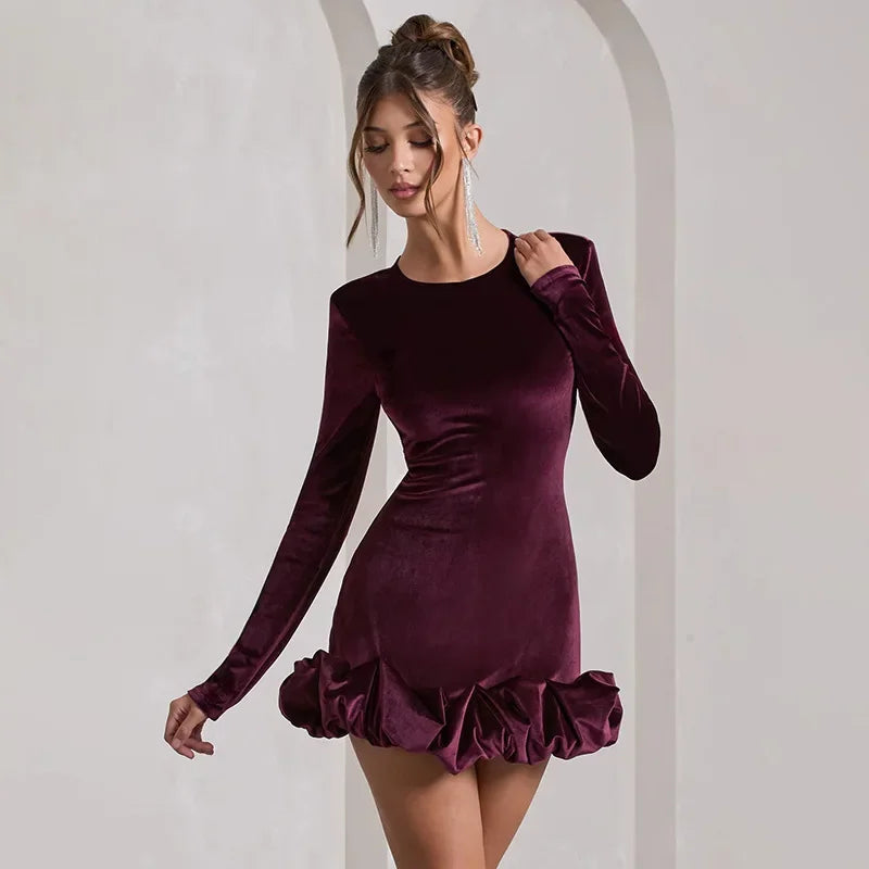 Silk Velvet Long Sleeve Dress with 3D Pleated Skirt VestiVogue