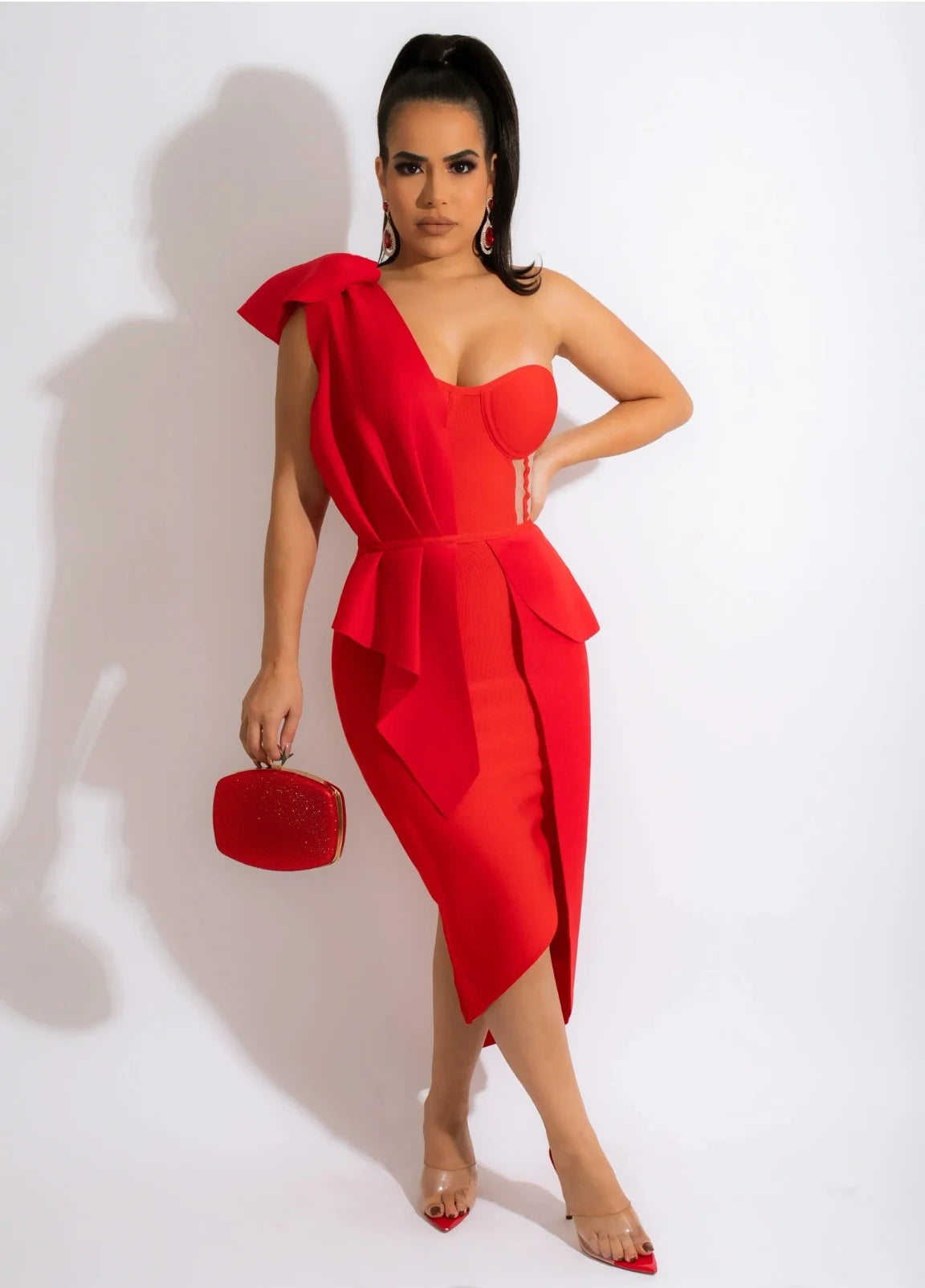 One-Shoulder Mesh Ruffle Bandage Dress VestiVogue red XL