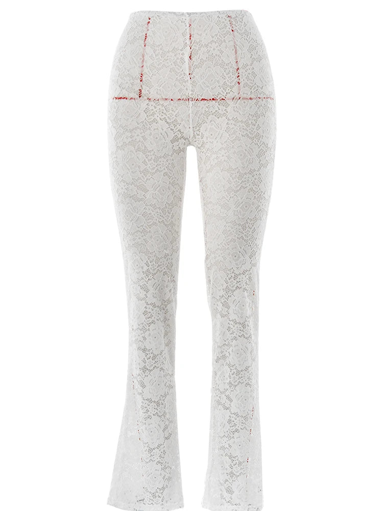 Lace Print Patchwork Elastic Tight Long Pants for Women VestiVogue WHITE S