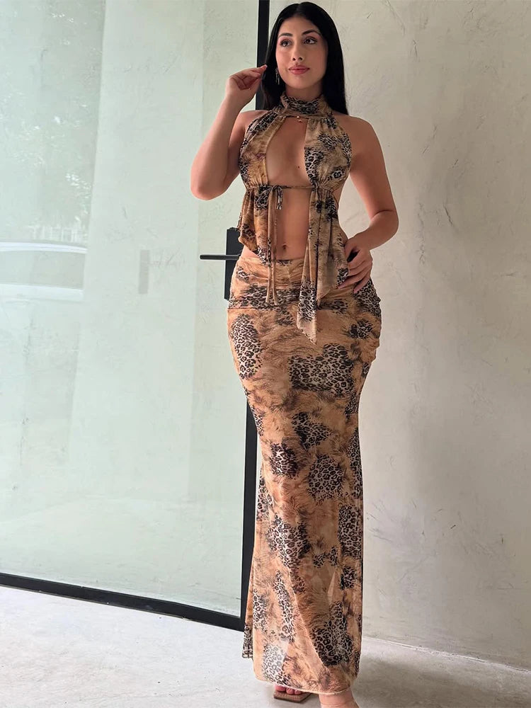 Chic Halter Neck 2 Piece Maxi Set with Stunning Print VestiVogue Khaki M