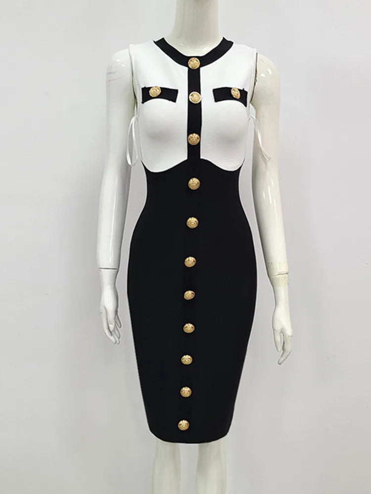 Button Detail Bodycon Dress in Black/White VestiVogue Dress S