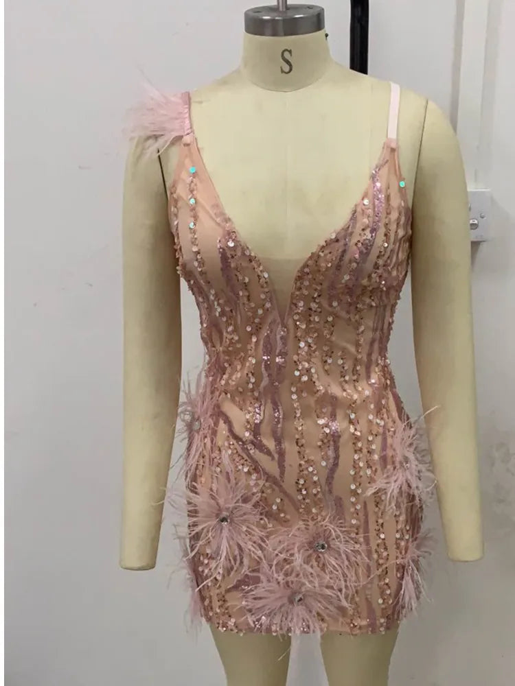 Pink Sparkle Feather Mini Bodycon Dress VestiVogue  