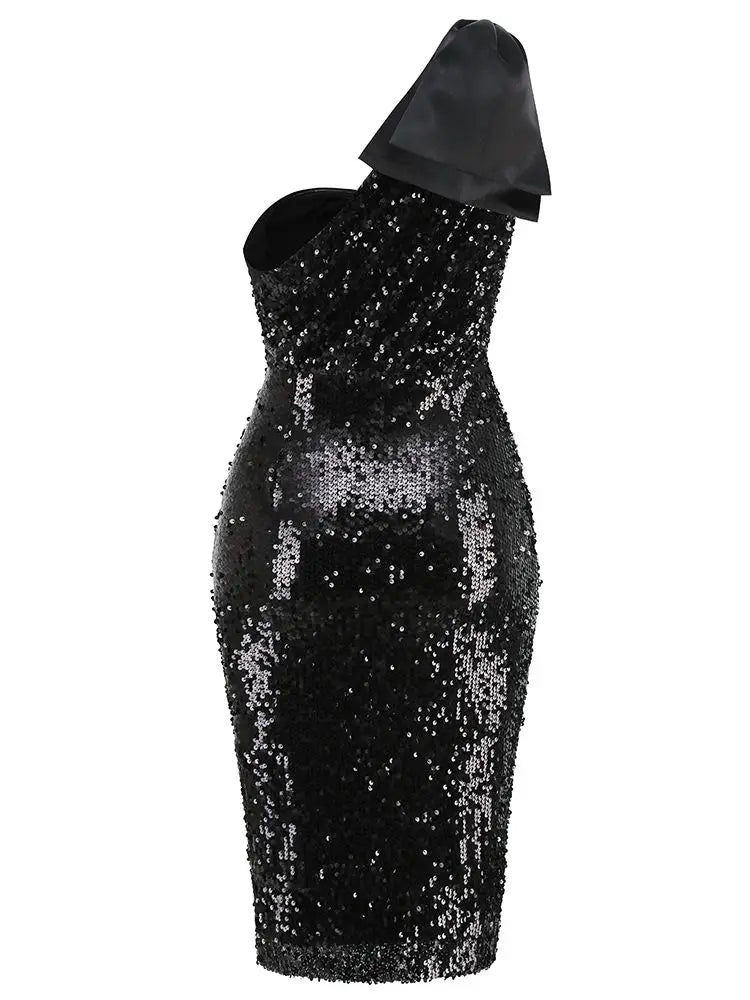 One Shoulder Black Glitter Satin Dress VestiVogue  