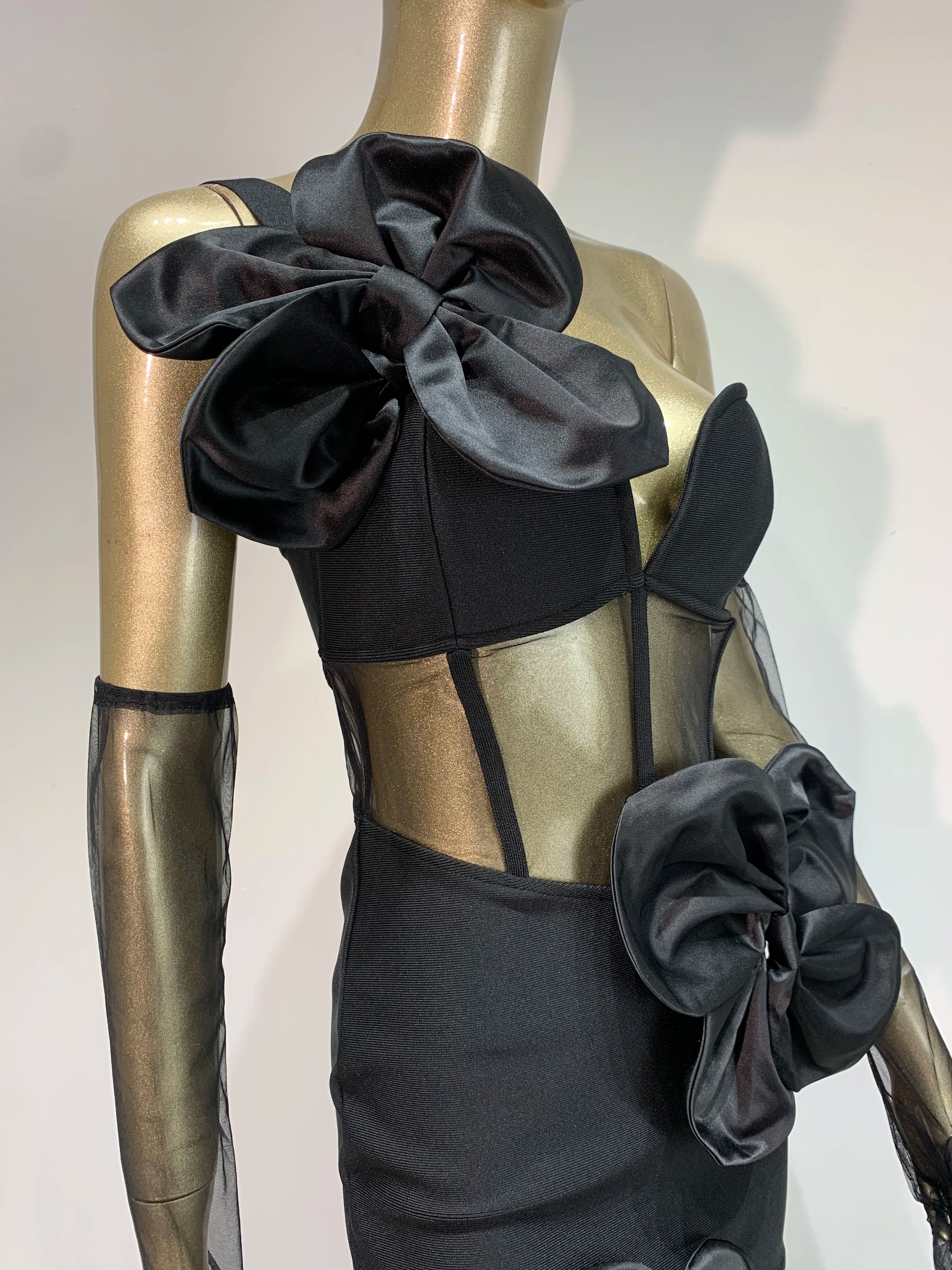 One-Shoulder Black Mesh Bodycon Midi Dress with Diamond Accents VestiVogue