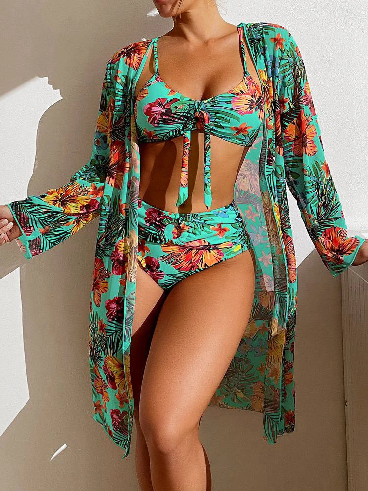 Floral print High Waisted 3 piece bikini set VestiVogue Turquoise S