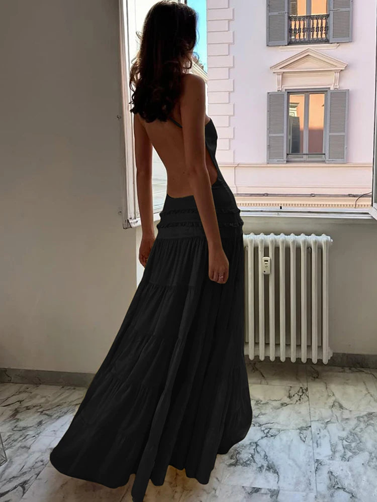 Backless Ruffle Maxi Dress VestiVogue black M