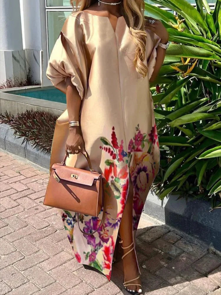 Floral Puff Sleeve Maxi Dress with Split Detail VestiVogue