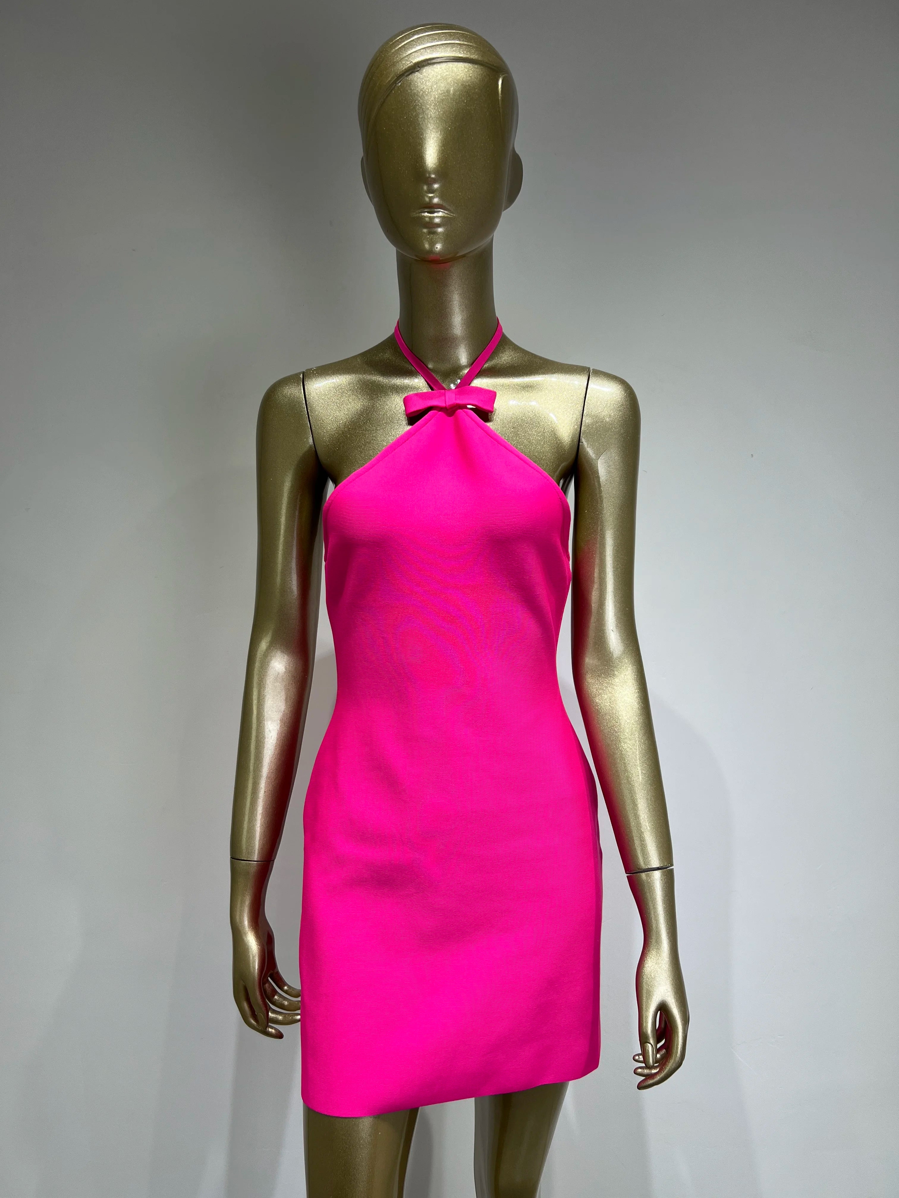 Hot Pink V-Neck Mini Dress VestiVogue