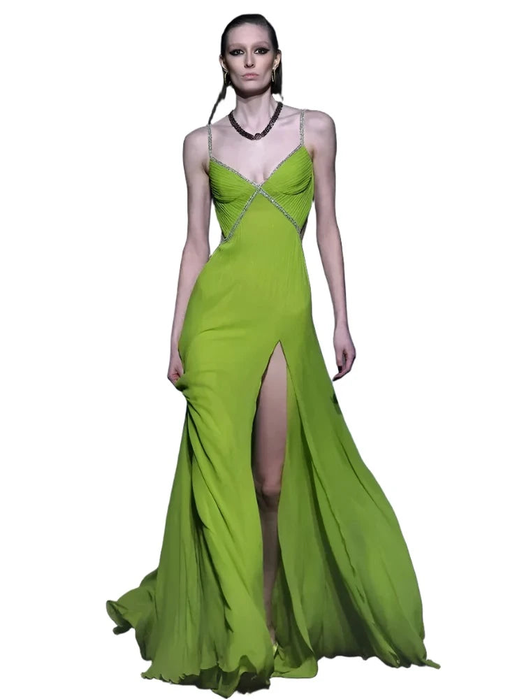 Green backless maxi dress with Split VestiVogue  