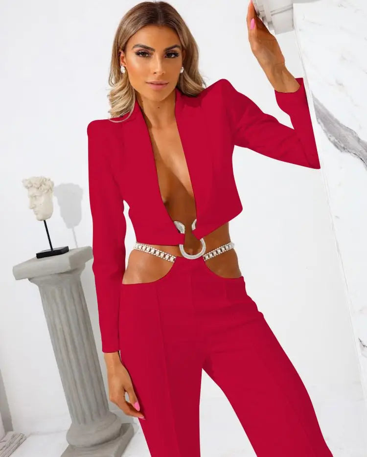 Red V-Neck Blazer Set VestiVogue