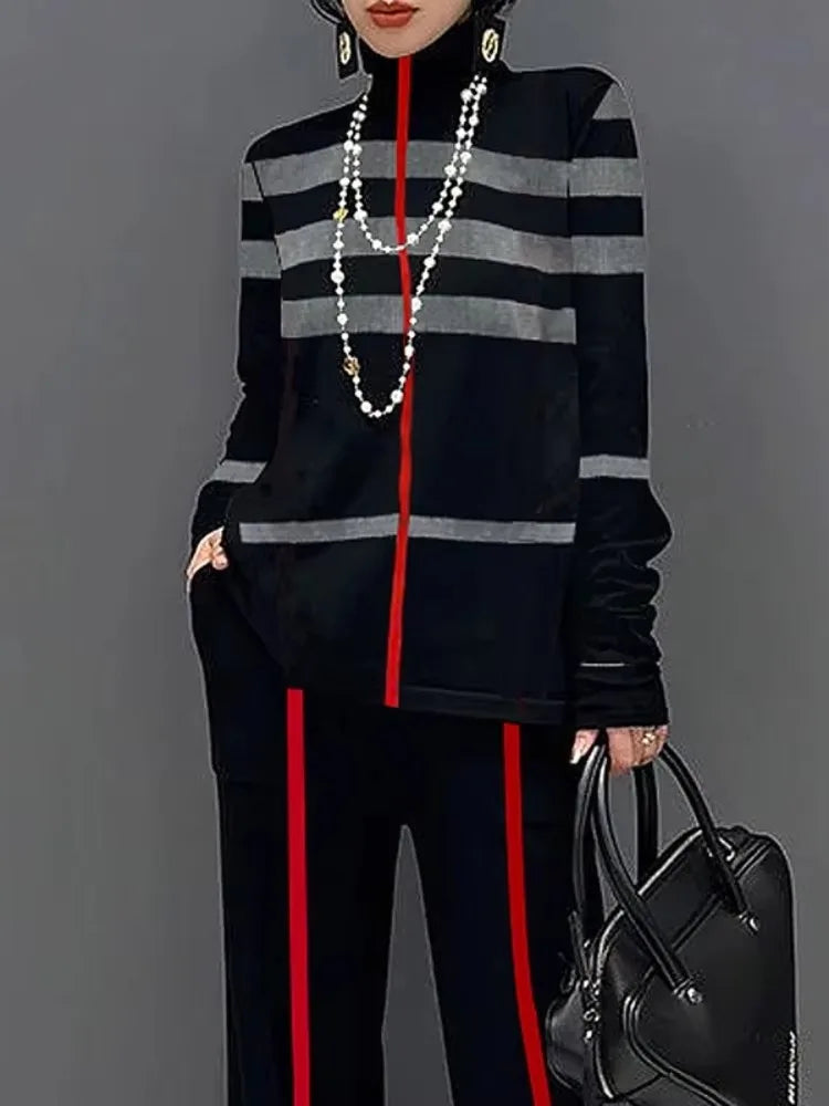 Striped High Neck Loose Fit Pullover T-shirt VestiVogue