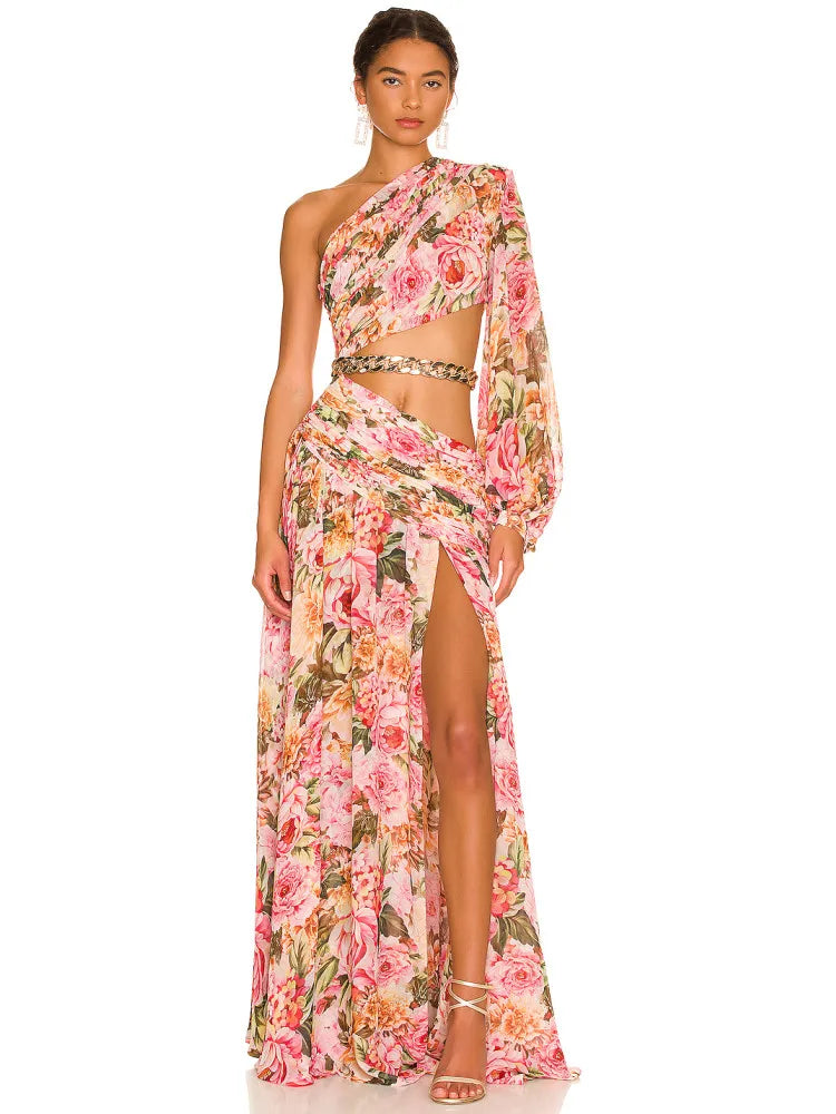 One Shoulder Floral Long Chiffon Maxi Dress VestiVogue Pink L