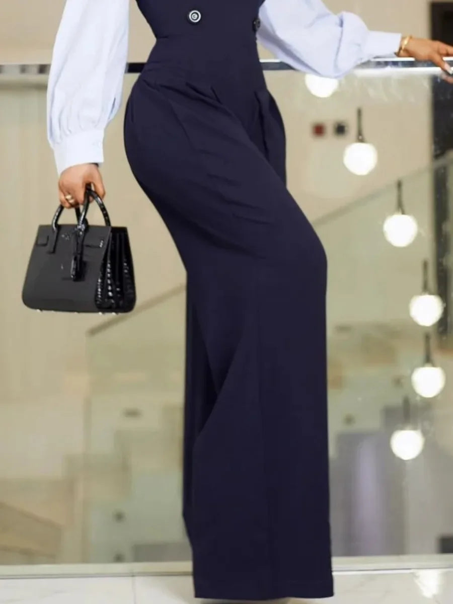 Lapel Collar High-Waist Wide Leg Jumpsuit with Trendy Patchwork VestiVogue