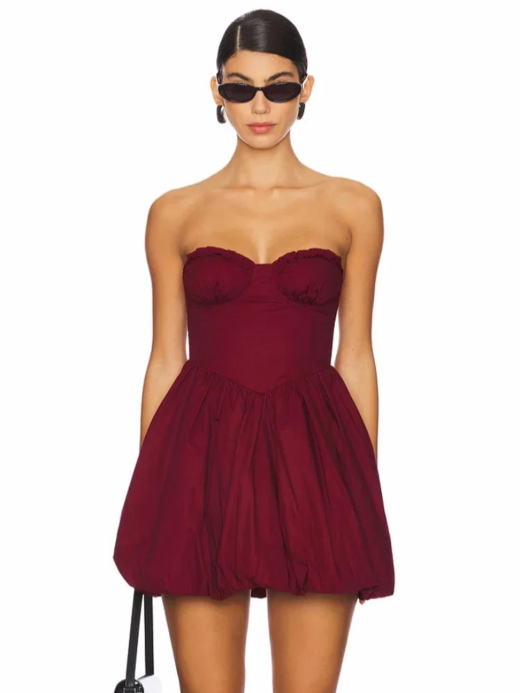 Burgundy Ruffles Strapless Mini Dress VestiVogue