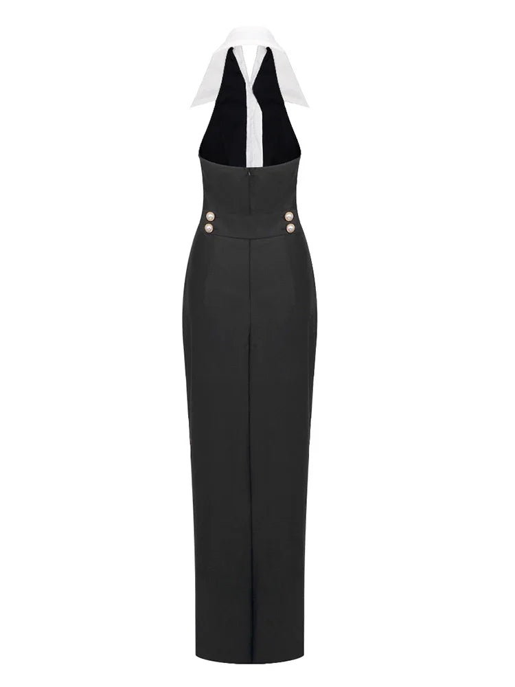 Chic Black and White Maxi Dress with Turn-Down Collar VestiVogue