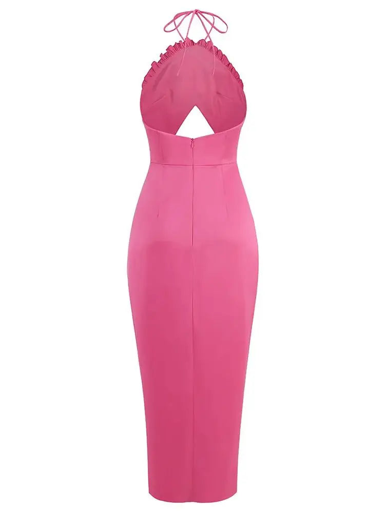 Pink Satin Backless Halter Evening Dress VestiVogue  