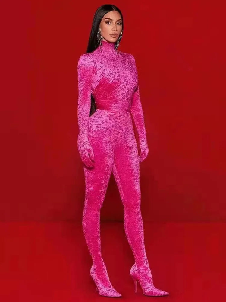 Hot Pink Velvet Bodycon Jumpsuit for Women VestiVogue Rose Red L