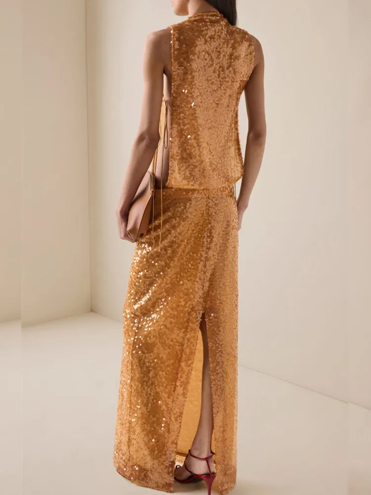 Elegant Orange Mesh Sequin Maxi Skirt Set VestiVogue