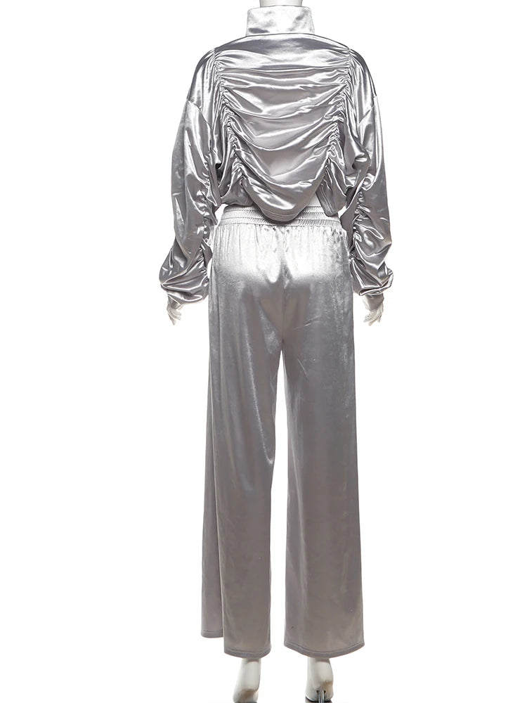 Satin Ruched Zip Crop Jacket & Tailored Pants Set VestiVogue